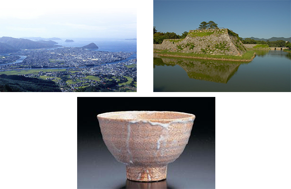 左上)萩市の地形 右上)萩城跡 中下)萩焼