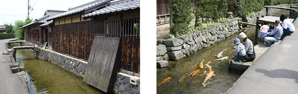 写真:左)旧湯川家屋敷 右)藍場川